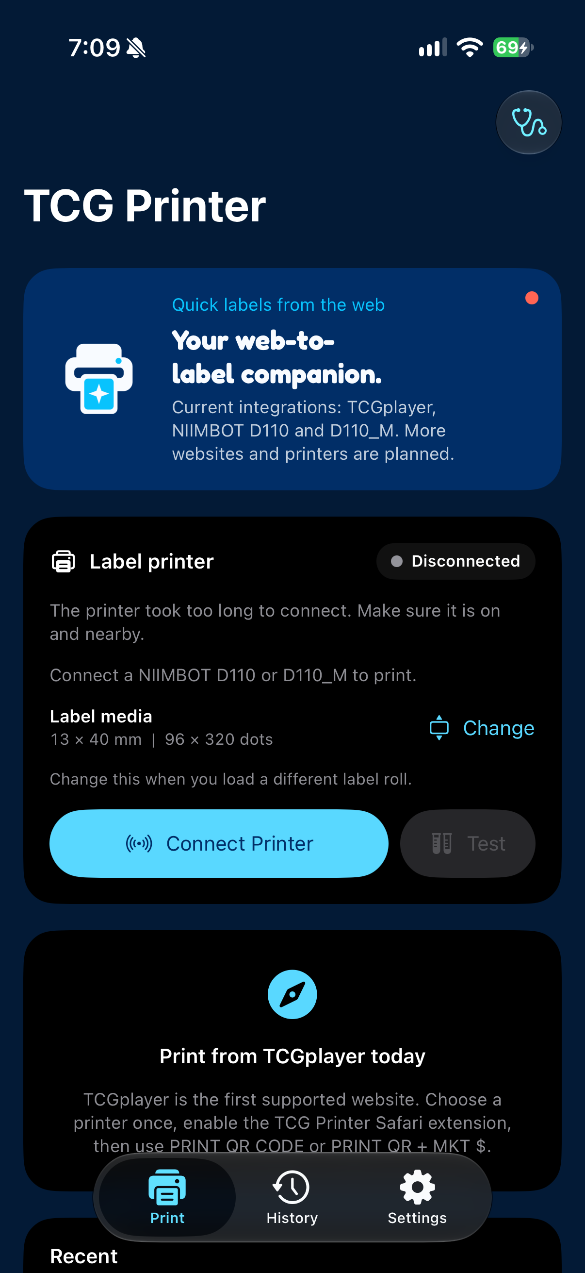 TCG Printer Home screen showing Disconnected status, Label media, Connect Printer, and disabled Test controls