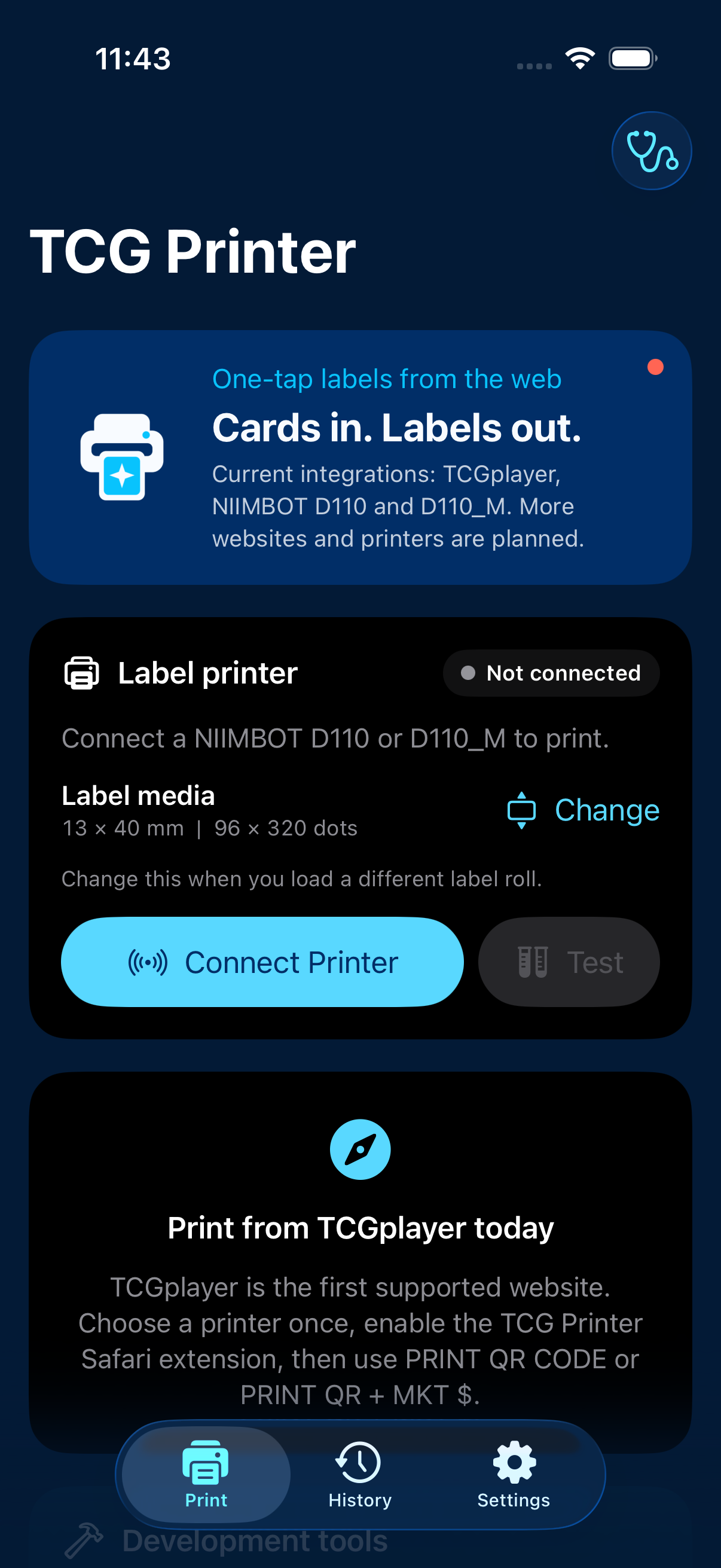 TCG Printer app Home screen in Dark Mode showing printer and label media controls