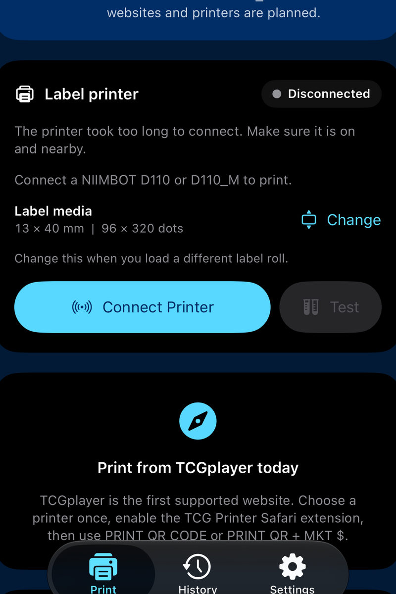 TCG Printer on iPhone showing a connection timeout, Disconnected status, Label media, and Connect Printer