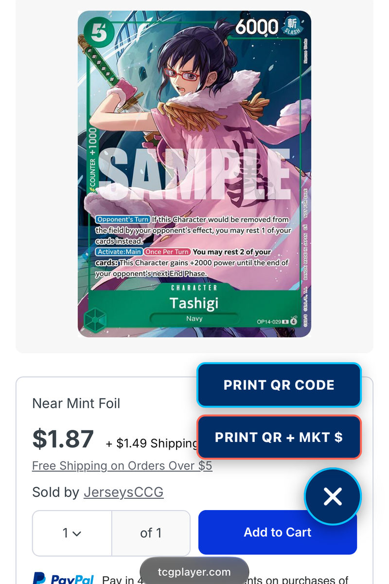 TCGplayer Tashigi product page on iPhone with the TCG Printer menu expanded to PRINT QR CODE and PRINT QR + MKT $