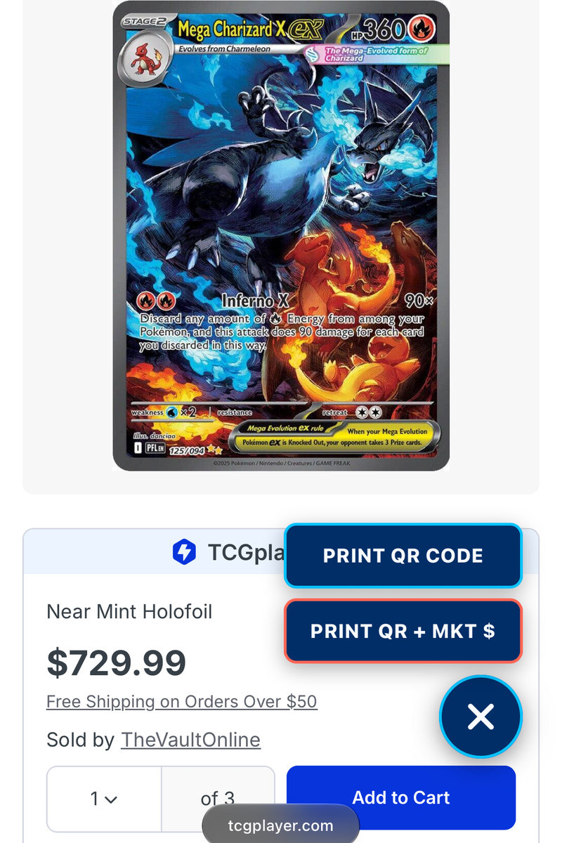 TCGplayer Mega Charizard X ex card page on iPhone with PRINT QR CODE and PRINT QR + MKT $ expanded