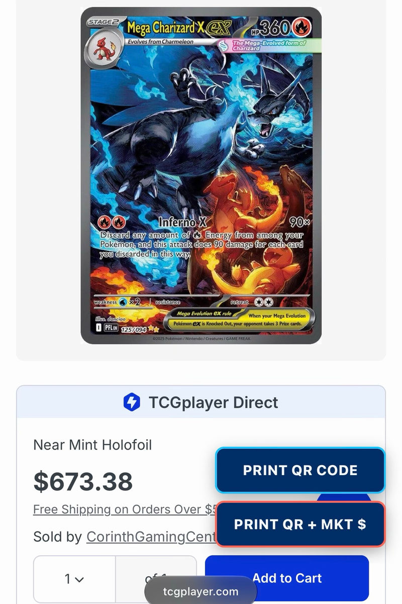 TCGplayer card offer in Safari with cyan PRINT QR CODE and coral PRINT QR plus market price buttons