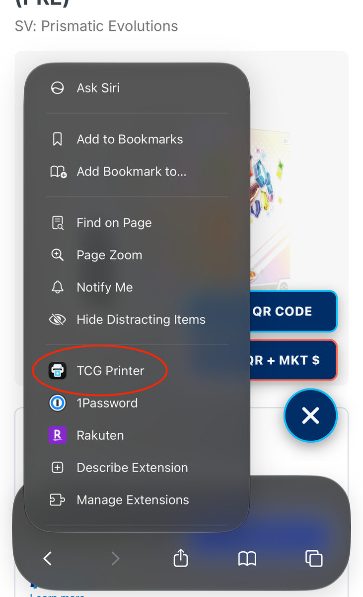 Safari page menu on iPhone with the TCG Printer extension circled in red