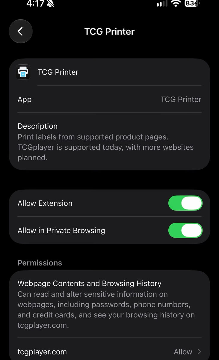 iPhone Safari extension settings for TCG Printer showing Allow Extension turned on and tcgplayer.com set to Allow
