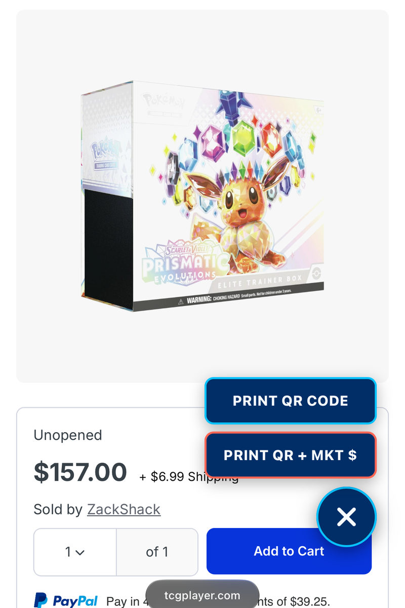 TCGplayer Prismatic Evolutions Elite Trainer Box page on iPhone with PRINT QR CODE and PRINT QR + MKT $ expanded