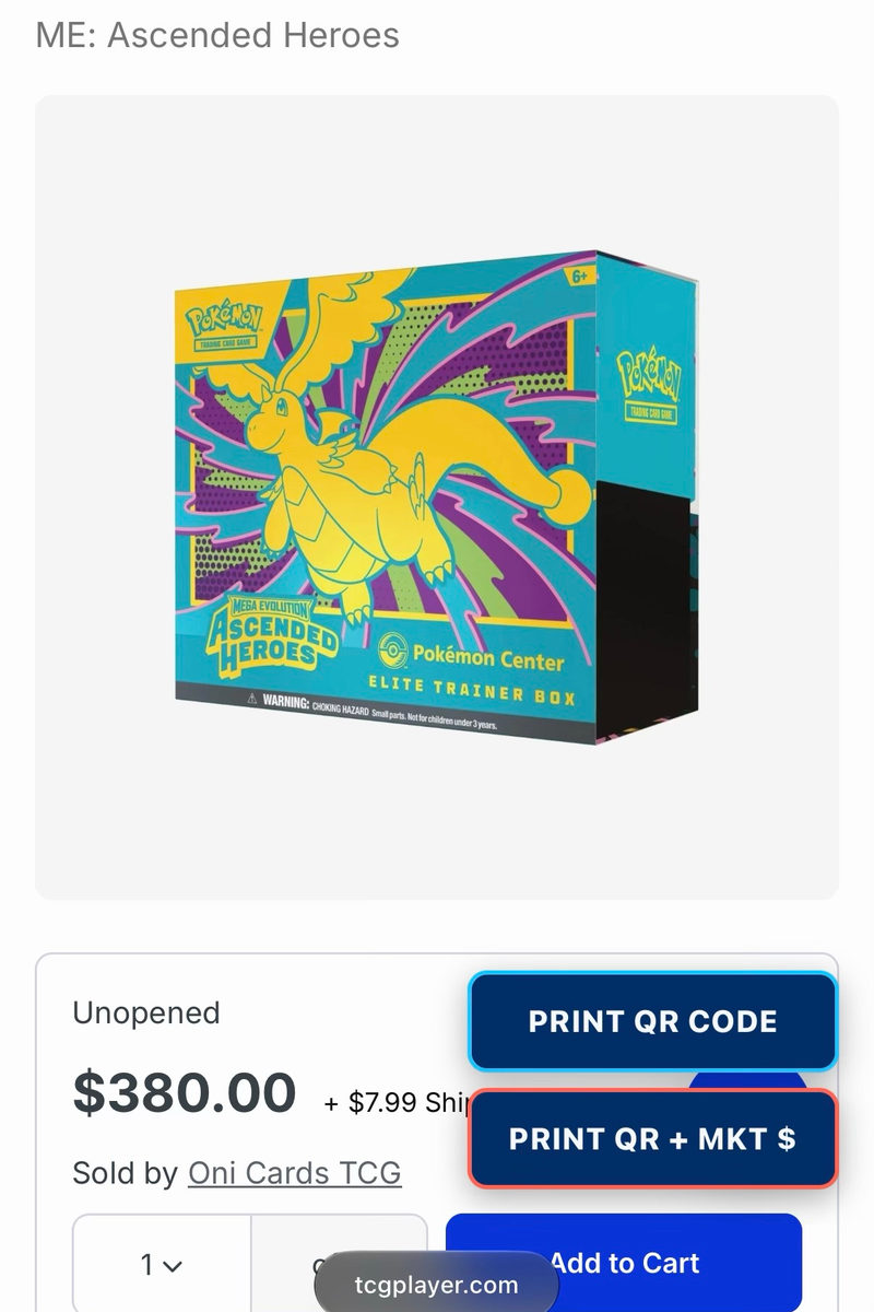 TCGplayer sealed-product offer in Safari with cyan PRINT QR CODE and coral PRINT QR plus market price buttons