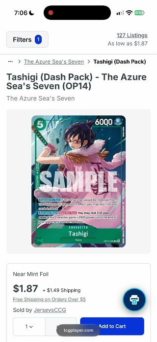 TCGplayer Tashigi page with the circular TCG Printer launcher over the bottom-right contact control